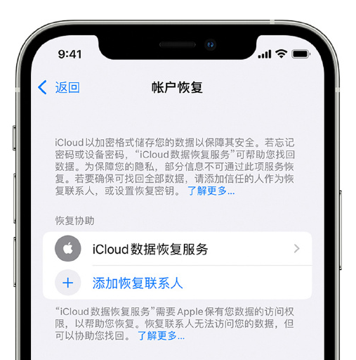 郧西苹果手机维修分享在 iPhone 上设置帐户恢复联系人的方法 