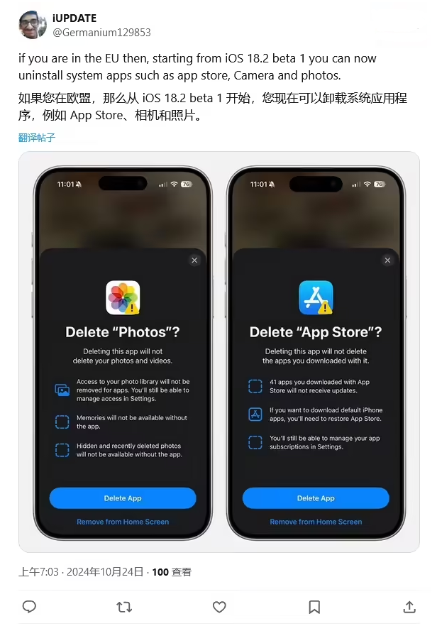 郧西苹果手机维修分享iOS 18.2 支持删除 App Store 应用商店 