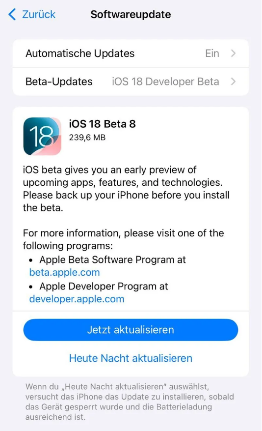 郧西苹果手机维修分享苹果 iOS / iPadOS 18 开发者预览版 Beta 8 发布 